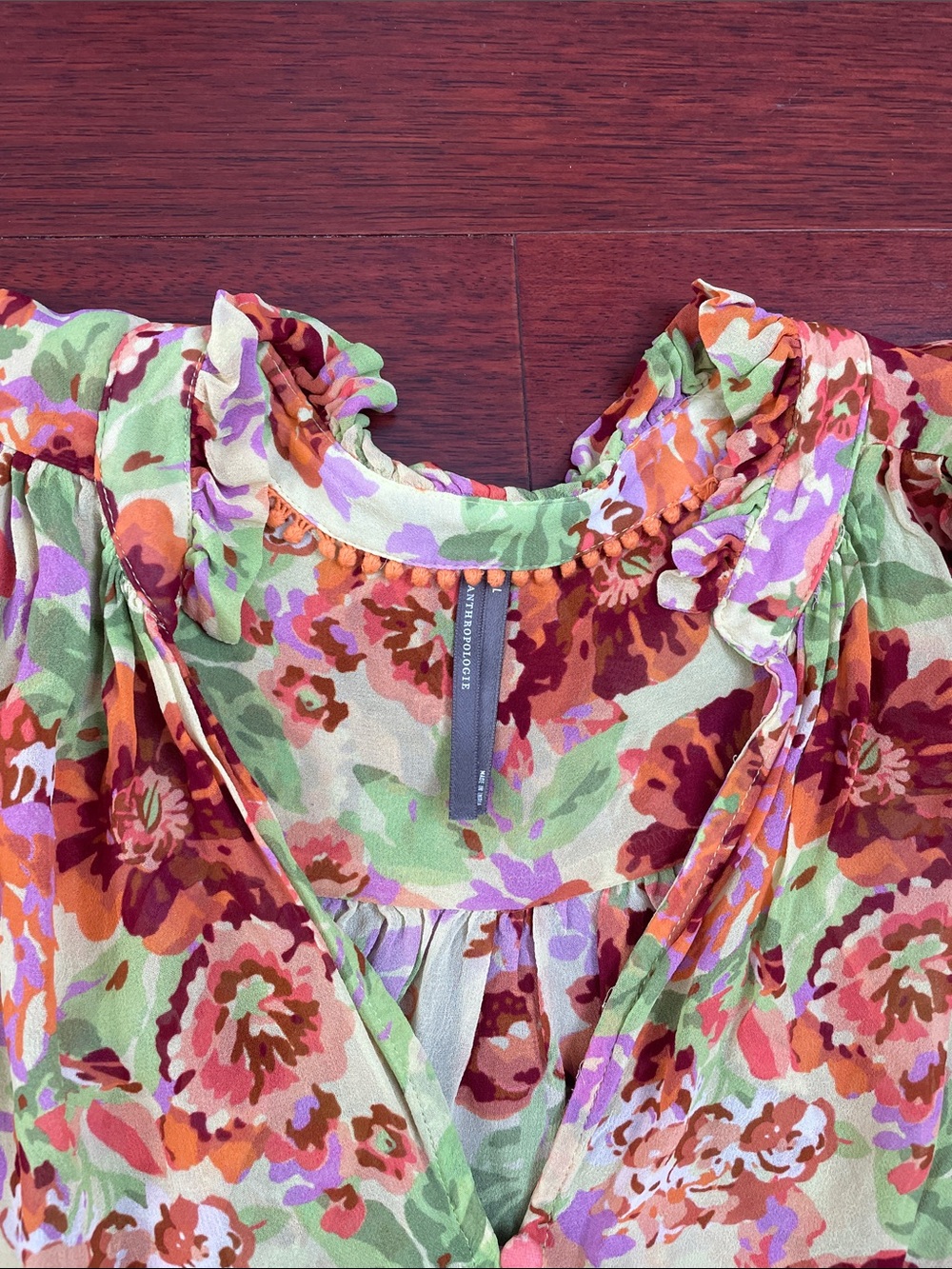Anthropologie Estela Sheer Floral Flutter Sleeve Top Vibrant Multicolor